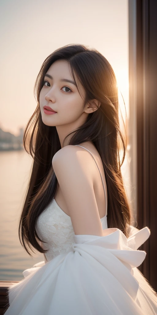 masterpiece, best quality, unity 8k wallpaper, ultra highres, high resolution, professional, ultra realistic, photorealistic, raw photo, insanely detailed, 4K, 8K, 16K, 64K, 1girl, solo, smile, elegant, beautiful, aesthetic, attractive, romanticism, beauty, like a k-pop idol, beautiful detailed face, small face, beautiful detailed eyes, (brown eyes), cat eyes, pale skin, beautiful detailed skin, detailed texture, sheer-black long hair, (hair blowing in the wind), ((detailed long hair)), soft curves, enchanting elegance, luminous radiance, elegant attire, captivating grace, irresistibly tempting, understated appeal, striking juxtapositions, evocative hues, vivid illumination, creative refinement, striking juxtapositions, evocative hues, captivating coloration, dramatic lighting, random highly detailed backgrounds, depth of field,