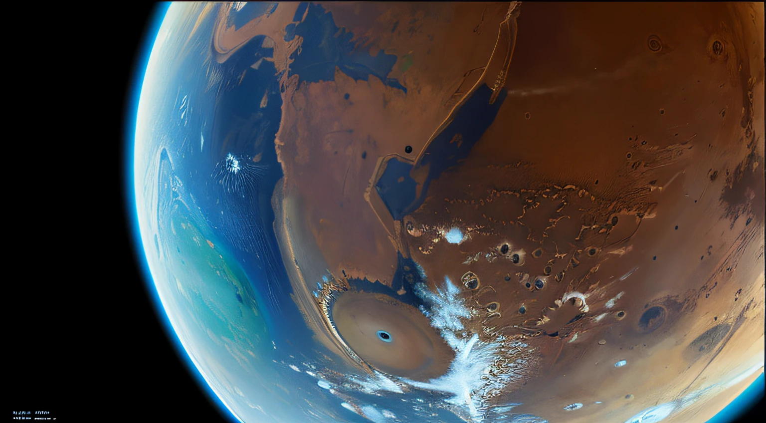 Mars South Pole, lifelike details, ultra-realistic, bright picture, ultra-wide angle, bird's-eye view, high realism, light and dark