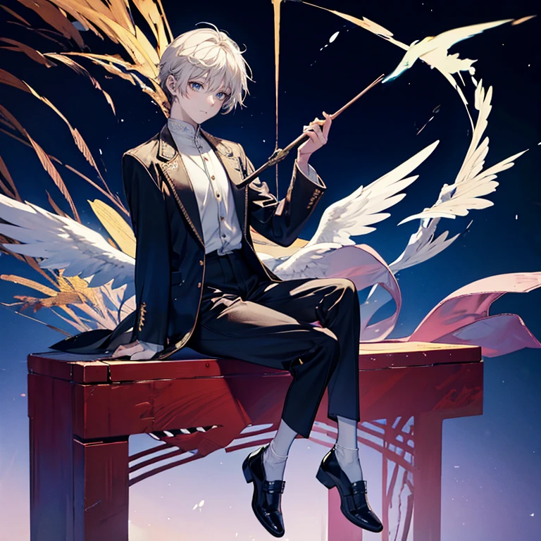 male angel sitting on rebar、full body Esbian、an legs、shoe、Leather shoes、trouser