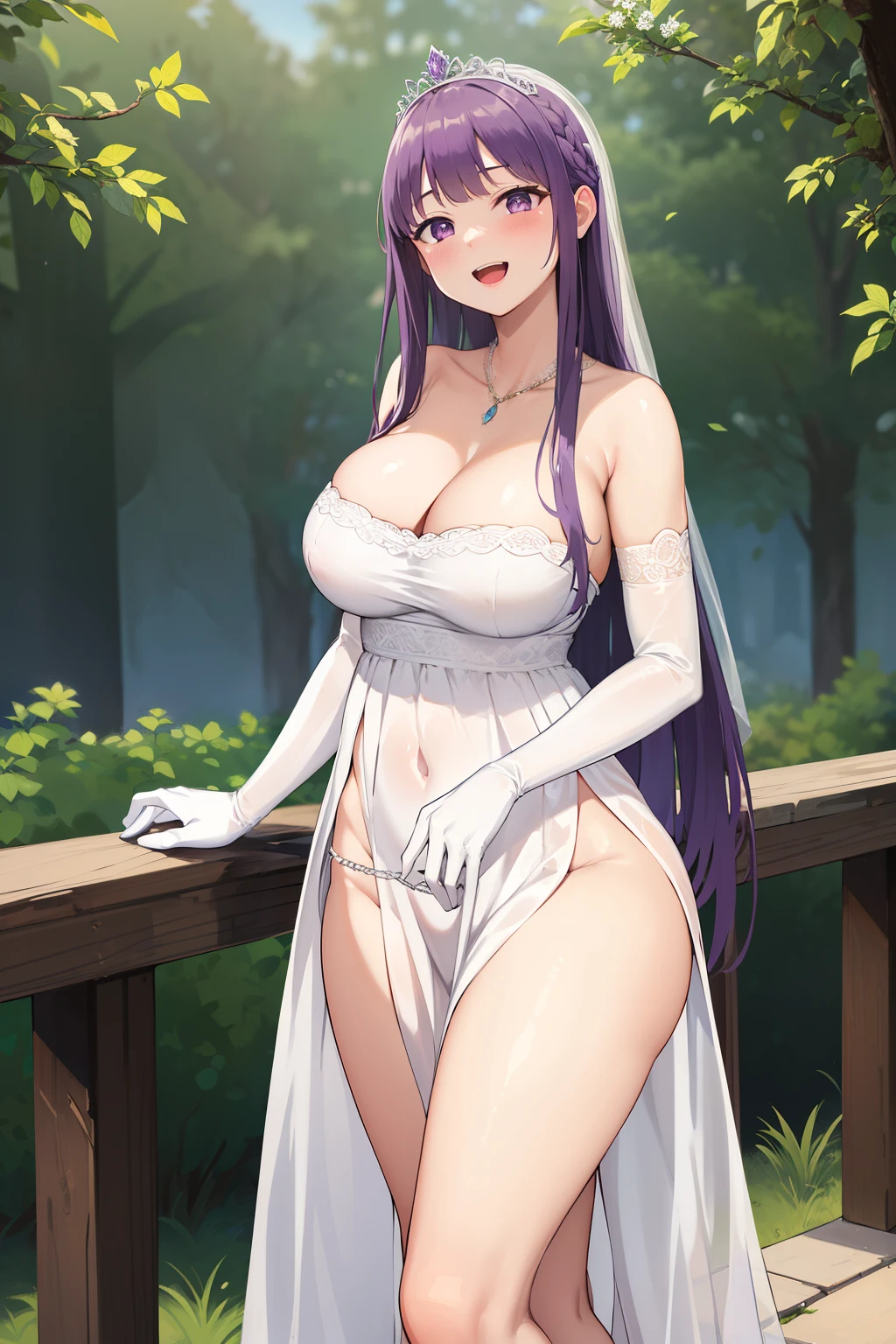 masterpiece, erotic , nsfw, 18+, mommy, best quality, highres, aarurutie,1girl, wedding dress, white dress,tiara, bridal veil, necklace, cleavage, strapless dress, white dress, white gloves, elbow gloves standing, garden, smile, open mouth, Long straight purple hair, purple eyes.