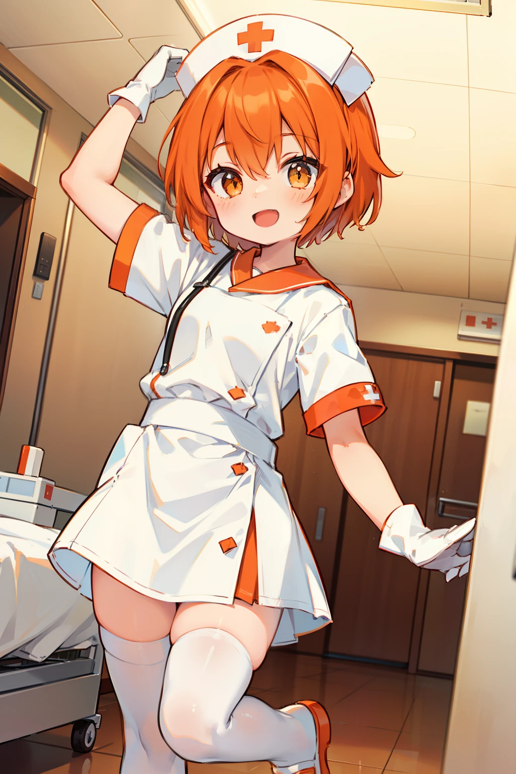 1girl, solo, nurse, nurse cap, white wear, ((white legwear, zettai ryouiki)), white gloves, very short hair, orange hair, smile, open mouth, standing, ((hospital room)), sharp outline, short sleeves, tomboy, boyish, best quality, masterpiece