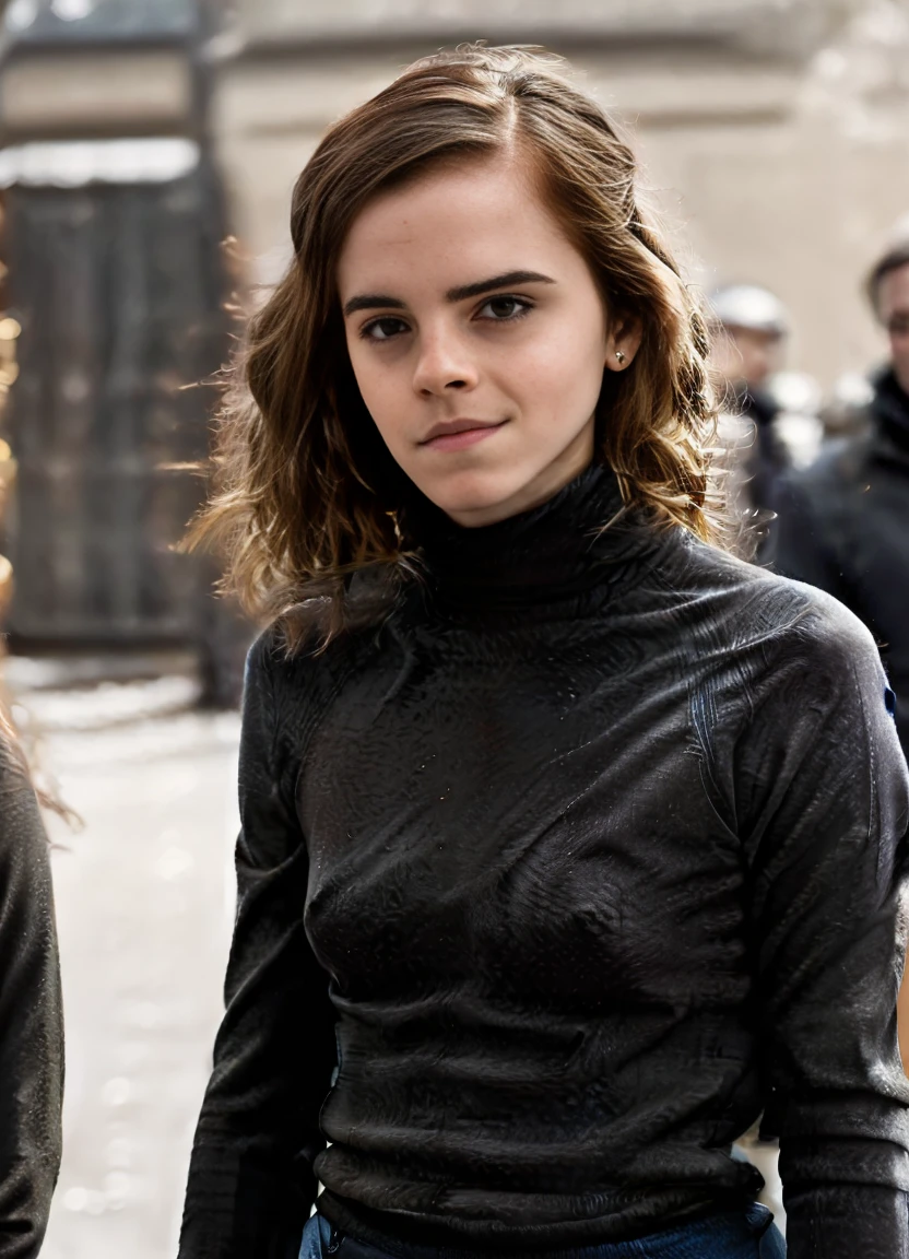 paparazzi shot of SCANTILY CLAD EMMA WATSON, RAW portrait photo of beautiful young sks woman, Turtleneck bodysuit and high-waisted trousers, natural lighting, by Peter Lindbergh, detailed face, UHD, absurdres, epic scene composition,
cinematic look, Fujifilm XT3, dslr, high quality, film grain
