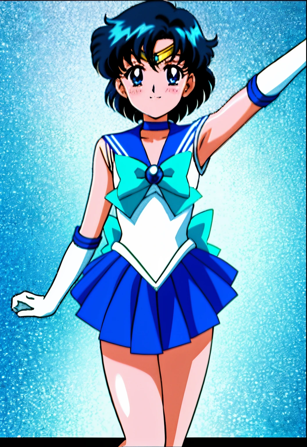 top-quality、​masterpiece、Anime Boy、Junior high school boys、gender change、gender change(Girls to boys)、Sailor Mercury、solo、Sailor Senshi Uniform、Ami Mizuno、Blue choker、rating:safe、Blue-eyed boy、Blue sailor collar、Sky blue bow tie、Very short blue-haired boy、skirt、a blue skirt、blue_theme、white_theme、bow、smile、Magical Boy、white glove、elbowgloves、jewelry、White leotard、highleg leotard、robe blanche、open_mouth、back_bow、Splashes around him、official_style、耳Nipple Ring、Arms outstretched、looking_at_viewer、blush、cowboy_shot、aqua_theme、circlet、blue_background、white_background、a miniskirt、pleatedskirt、Bare shoulders、bare legs、(1990's\(styles\):0.9)、Muscular men、