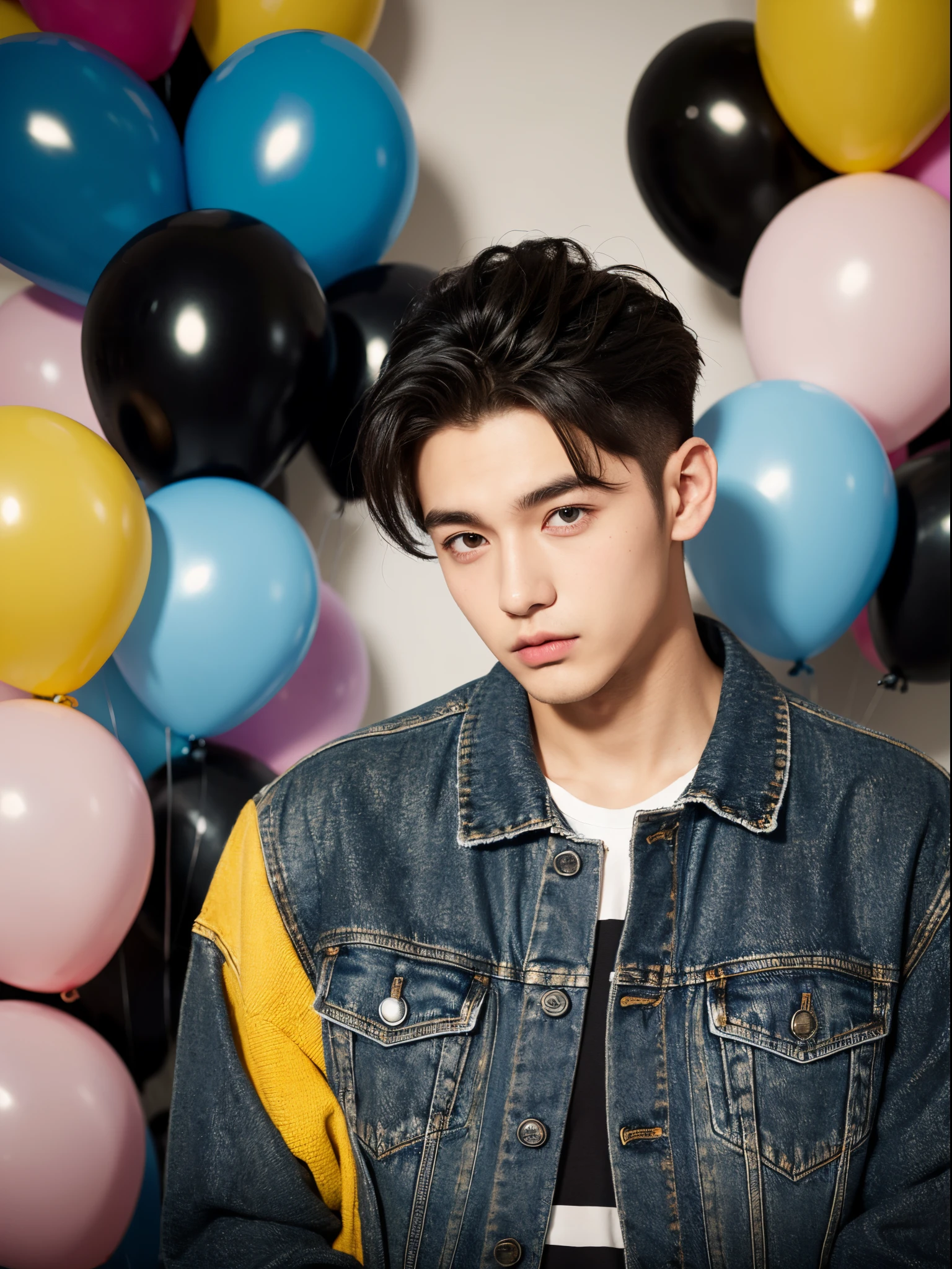 male, 20 year old boy, black eyes, slick back, denim jacket, half body photo, head facing the camera, colorful balloons in the background, street