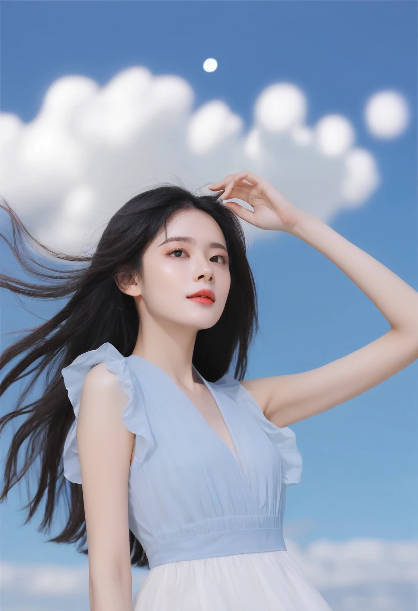 E-commerce photography, a beautiful girl shows beautiful black long hair, extended limbs, in the blue sky and white cloud background, sparkling packaging lens, commercial photography SONY Master lens, soft colors, close to the reality of the composition,