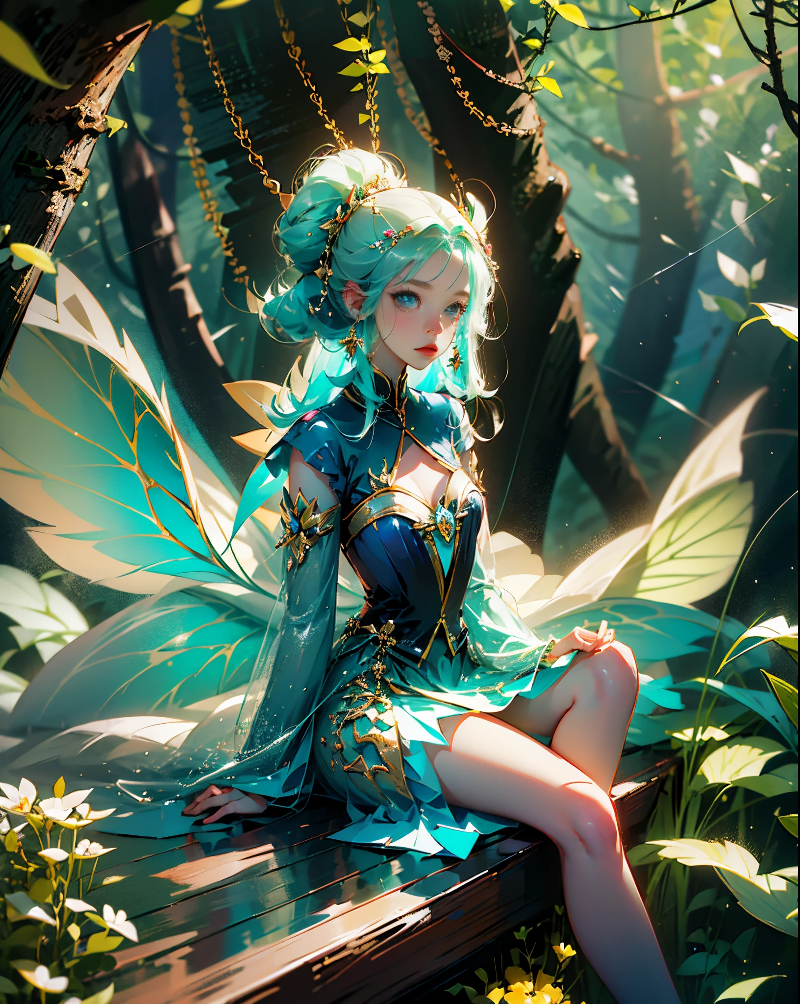 Absurd、4K、Full HD、masterpiece、Highest quality、Super detailed、beautiful、Extremely detailed、Fairy Girl、、happiness、Lean on、In the woods、Photorealistic、Hyper-realistic photography、3D Rendering、 3D Model、Concept Art、Main artwork、Medium Shot、dappled sunlight、Dramatic lighting、beautiful顔の描写 ,(Exquisite costume details: 1.3),Mysterious Forest,A magical light-filled space,10 years old,, (Natural skin texture:1.2), (Hyperrealism:1.2),Fairy Wings