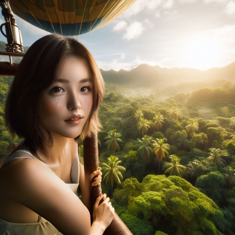 ((Japanese female idol overlooking the jungle)), ((Perfect beauty)), ((Slim and beautiful proportions)),1 girl, 20yr old, (Quality Improvement: 1.4), (Realistic skin texture of the highest quality: 1.4), Narrow eyes, Narrow face, Fine eyes, (Strengthens the atmosphere of the body line: 1.1), (Beautiful skin texture enhancement: 1.1), ((top-quality、in 8K、​masterpiece:1.3、Raw photo))、Super high quality photos, (Photorealistic: 1.4), (hyper realisitic: 1.4), (Realistic: 1.3), (Smooth lighting: 1.05), (Improved film illumination quality: 0. 9), 32K,