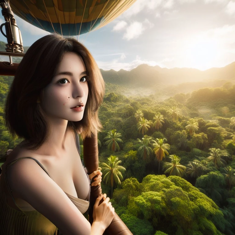 ((Japanese female idol overlooking the jungle)), ((Perfect beauty)), ((Slim and beautiful proportions)),1 girl, 20yr old, (Quality Improvement: 1.4), (Realistic skin texture of the highest quality: 1.4), Narrow eyes, Narrow face, Fine eyes, (Strengthens the atmosphere of the body line: 1.1), (Beautiful skin texture enhancement: 1.1), ((top-quality、in 8K、masterpiece:1.3、Raw photo))、Super high quality photos, (Photorealistic: 1.4), (hyper realisitic: 1.4), (Realistic: 1.3), (Smooth lighting: 1.05), (Improved film illumination quality: 0. 9), 32K,