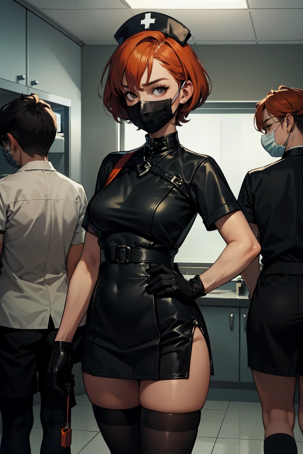 black nurse, 1girl, solo, black nurse cap, black wear, ((black legwear, zettai ryouiki)), black elbow gloves, very short hair, orange hair, ((black surgical mask, covered nose)), standing, ((surgery room)), sharp outline, short sleeves, tomboy, boyish, best quality, masterpiece