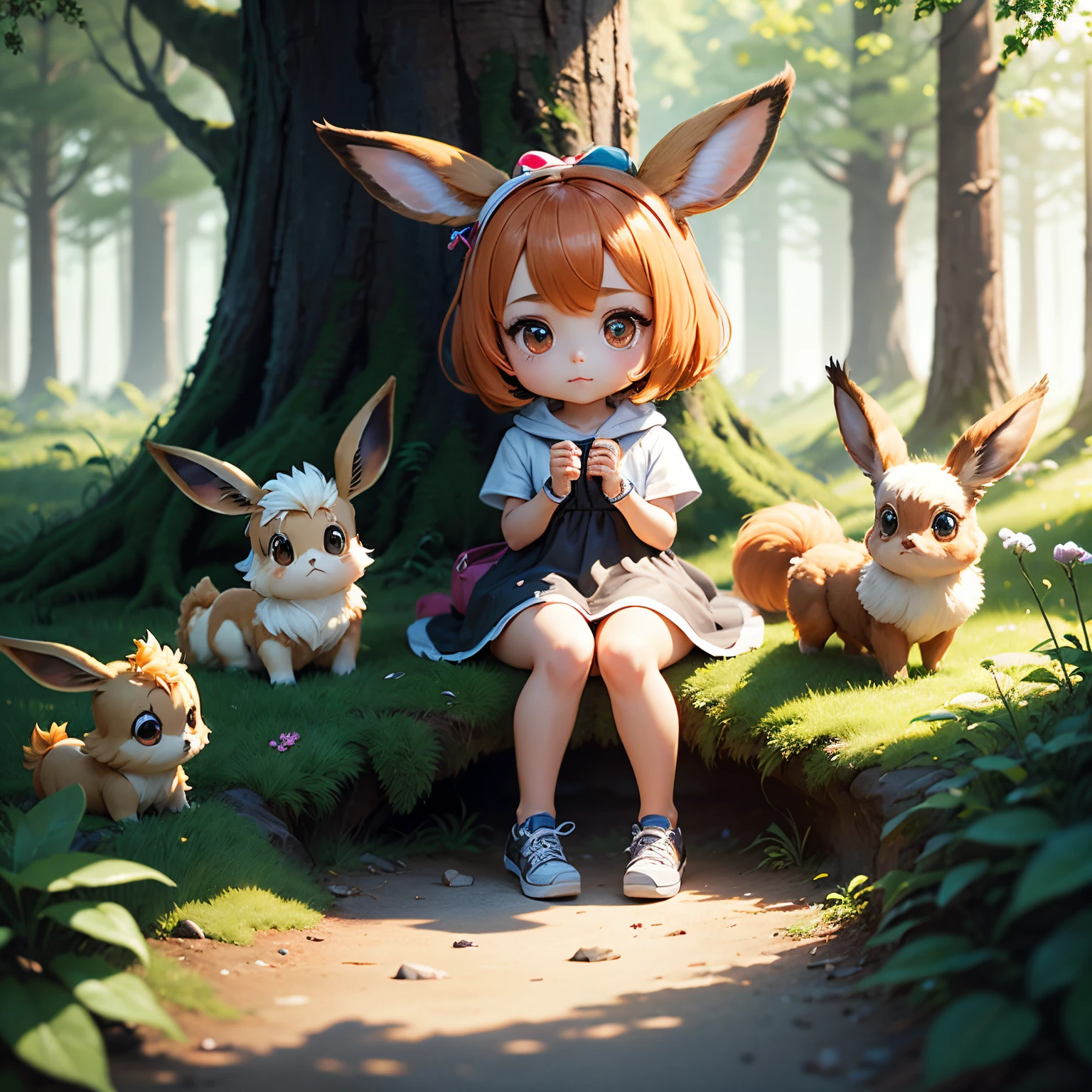 masterpiece、top-quality、ultra-detailliert、(Chibi Chara :1.2)、Eevee in Pokemon GO、fairy tale summer forest、
