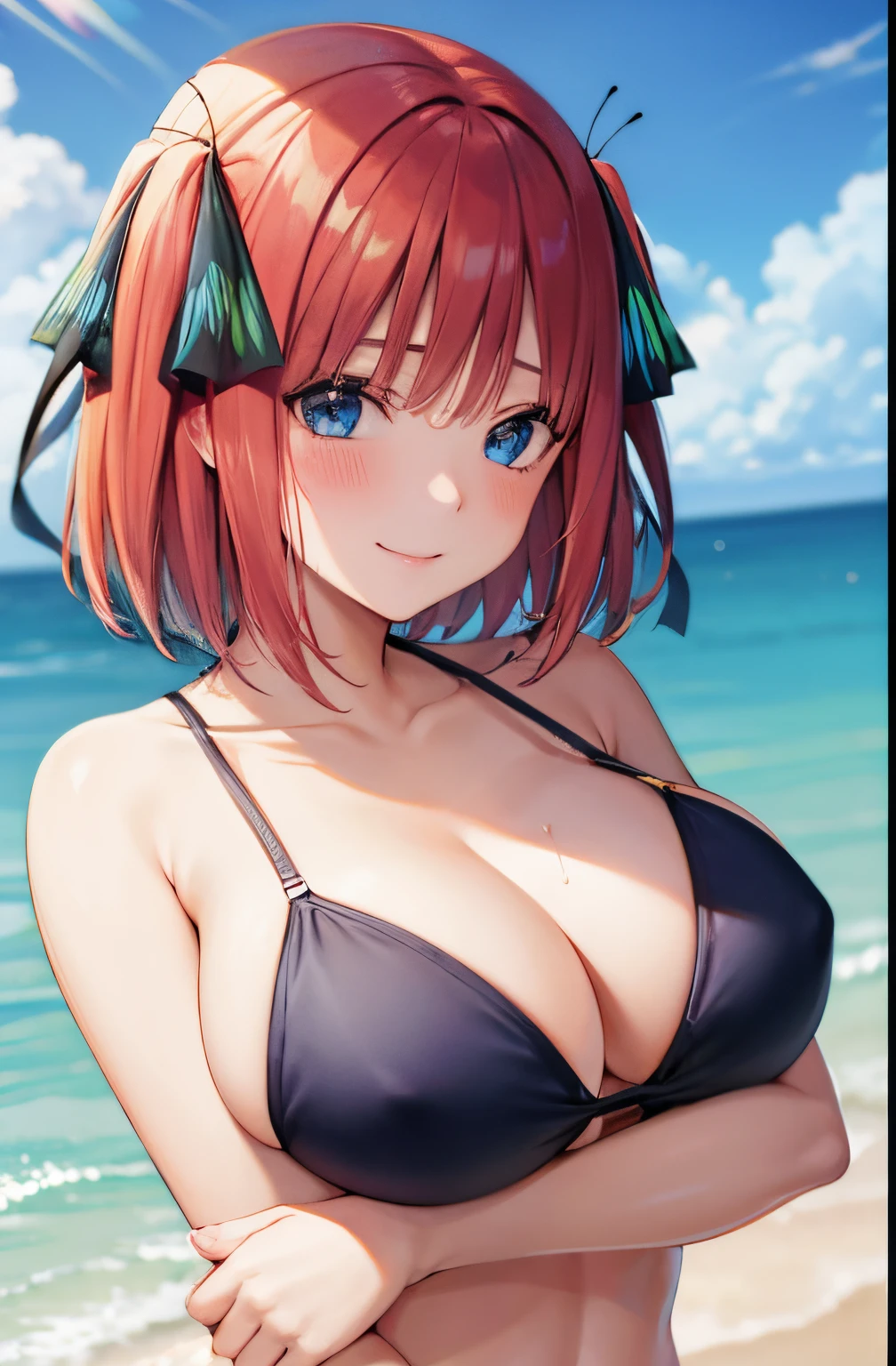 mare、swim wears、wetted skin、butterfly hair ornament、short-hair、A smile、Red cheeks、Big breasts、cleavage of the breast、A sexy