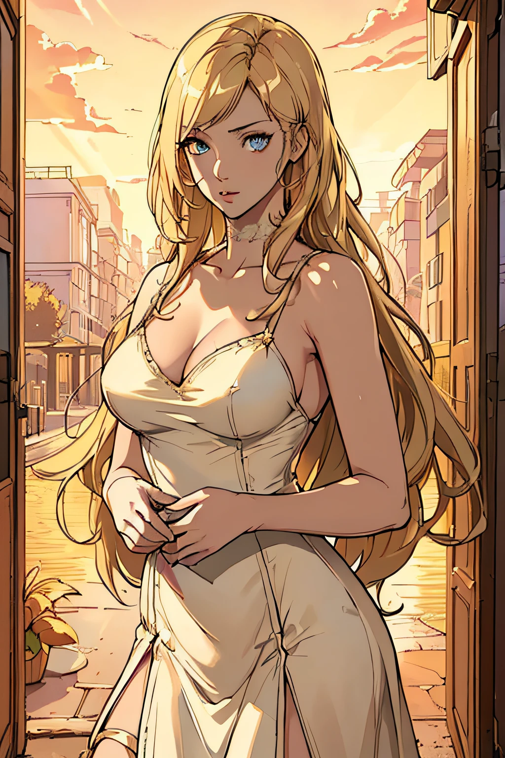 (masterpiece, top quality, best quality, official art, beautiful and aesthetic:1.2), young (1girl:1.3), (wearing spaghetti strap dress:1.3), (blonde:1.3) hair, long hair, (colorful eyes:1.3), extremely detailed, colorful, (highly detailed CG illustration), (looking at viewer), cinematic light, solo, half body, (character focus), (during golden hour:1.3), sunset, clouds, Cath