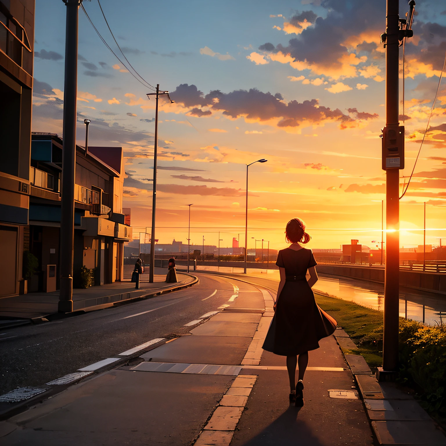 A woman walking away into the sunset