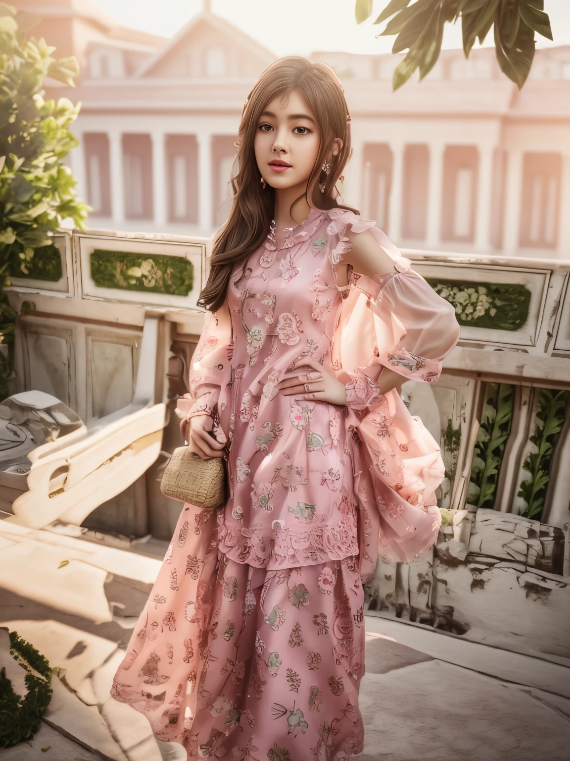 Girl in pink dress realistic face 8k ultra realistic change background garden
