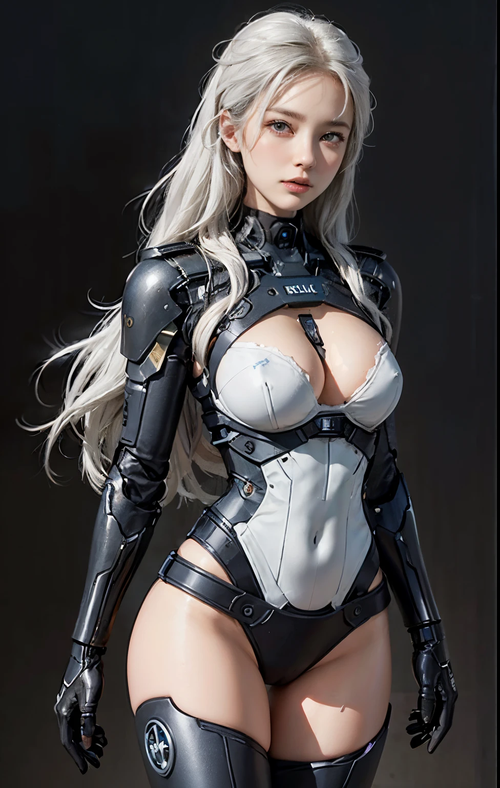 Highest image quality, excellent details, Ultra-high resolution, (Realism: 1.4), ((close up:0.75)), One woman is so condensed, With a beautiful and delicate face, perfectly proportions, Targeting your audience, Small breasts), White hair, (High-tech suits that expose a lot of skin), (If you compare a cyborg to a police uniform,, Black and gray mechs, military harness, holding a machine gun), Simple gray wall on background,