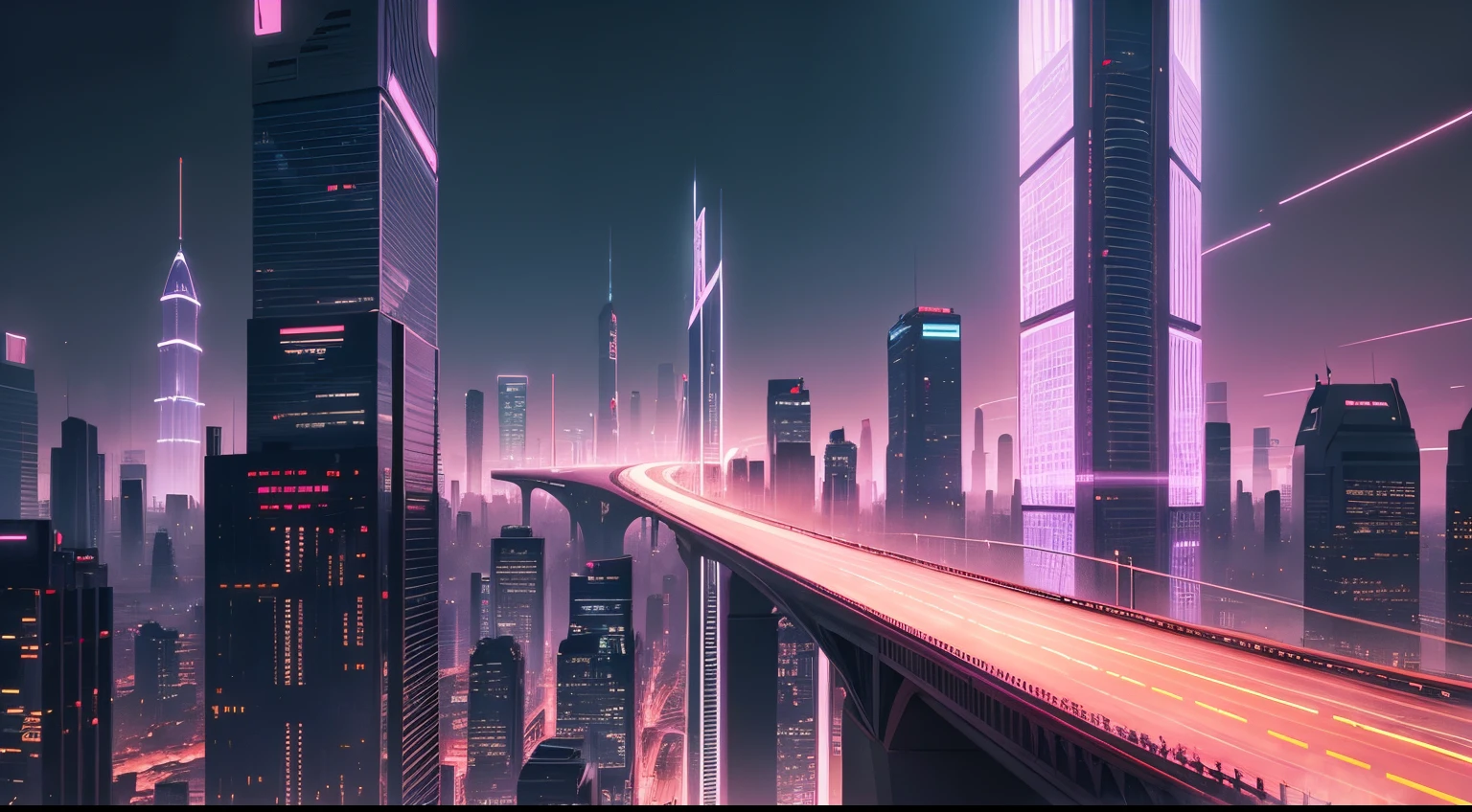Style: Concept art. The scene: Futuristic cityscapes with towering skyscrapers and sleek aerodynamic vehicles speeding through the air. High-resolution OLED GUI interfaces in the building&#39;s windows are filled with transparent data visualization infographics showing everything from weather patterns to traffic flow. Colors are saturated and vibrant, with warm pinks and purples dominating the skyline. The overall effect is both beautiful and awe-inspiring.