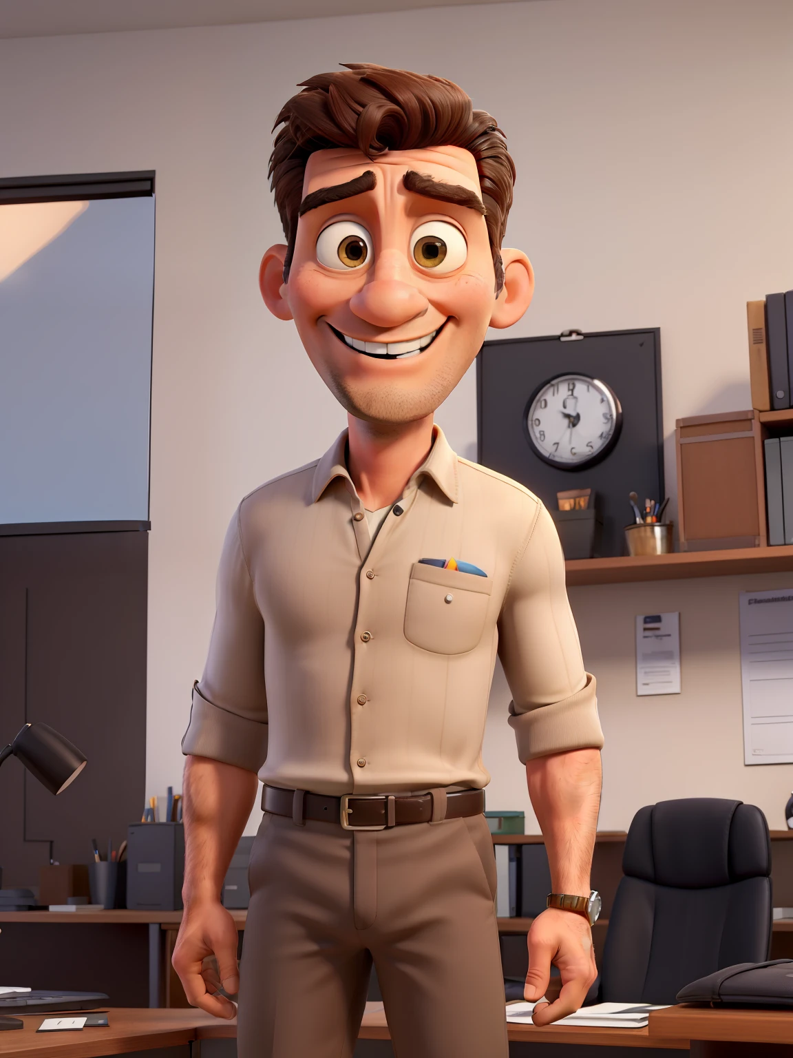 Homem, atletic, empresario, 40 anos, cabelo preto curto, 1,80 altas, 80 kg, Camisa Preta, beige pants, sorridente,   tenis branco, folded arms, standingn, in front of an office desk, Estilo 3D Pixar Disney, feliz