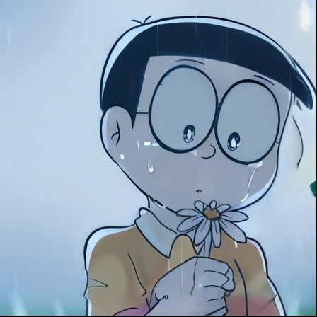 cartoon of a boy with glasses and a bow tie standing in the rain, is totally sad and cries, water dripping off him, with a sad expression, sadness personified, doraemon, he is sad, raining, it's raining, tears in the rain, with tears, rain!!!!, like tears in rain time to die, crying many tears
