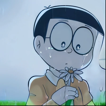 cartoon of a boy with glasses and a bow tie standing in the rain, is totally sad and cries, water dripping off him, with a sad expression, sadness personified, doraemon, he is sad, raining, it's raining, tears in the rain, with tears, rain!!!!, like tears in rain time to die, crying many tears