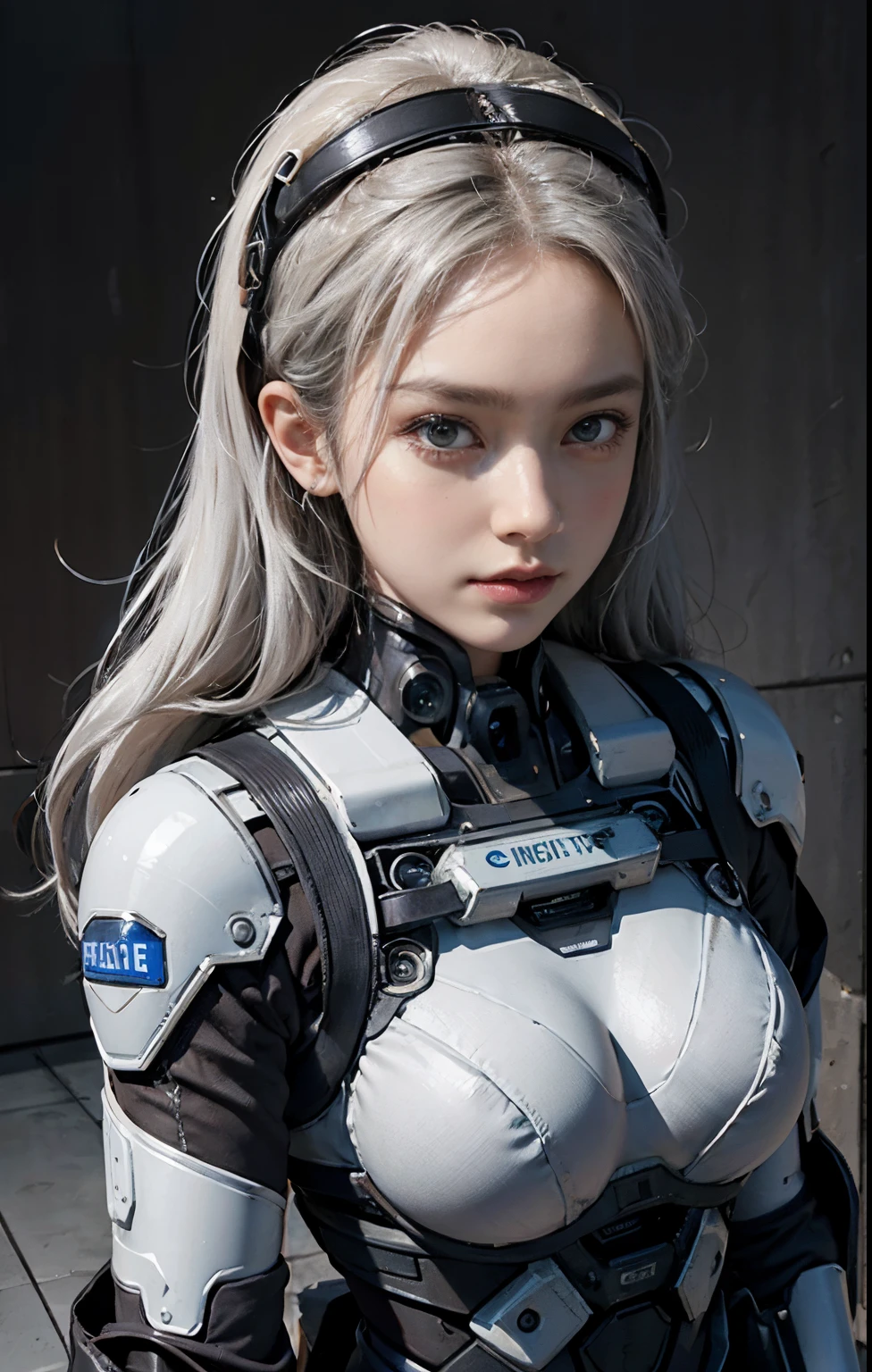 Highest image quality, excellent details, Ultra-high resolution, (Realism: 1.4), ((close up:0.75)), One woman is so condensed, With a beautiful and delicate face, perfectly proportions, Targeting your audience, Small breasts), White hair, (High-tech suits that expose a lot of skin), (If you compare a cyborg to a police uniform,, Black and gray mechs, military harness, holding a machine gun), Simple gray wall on background,