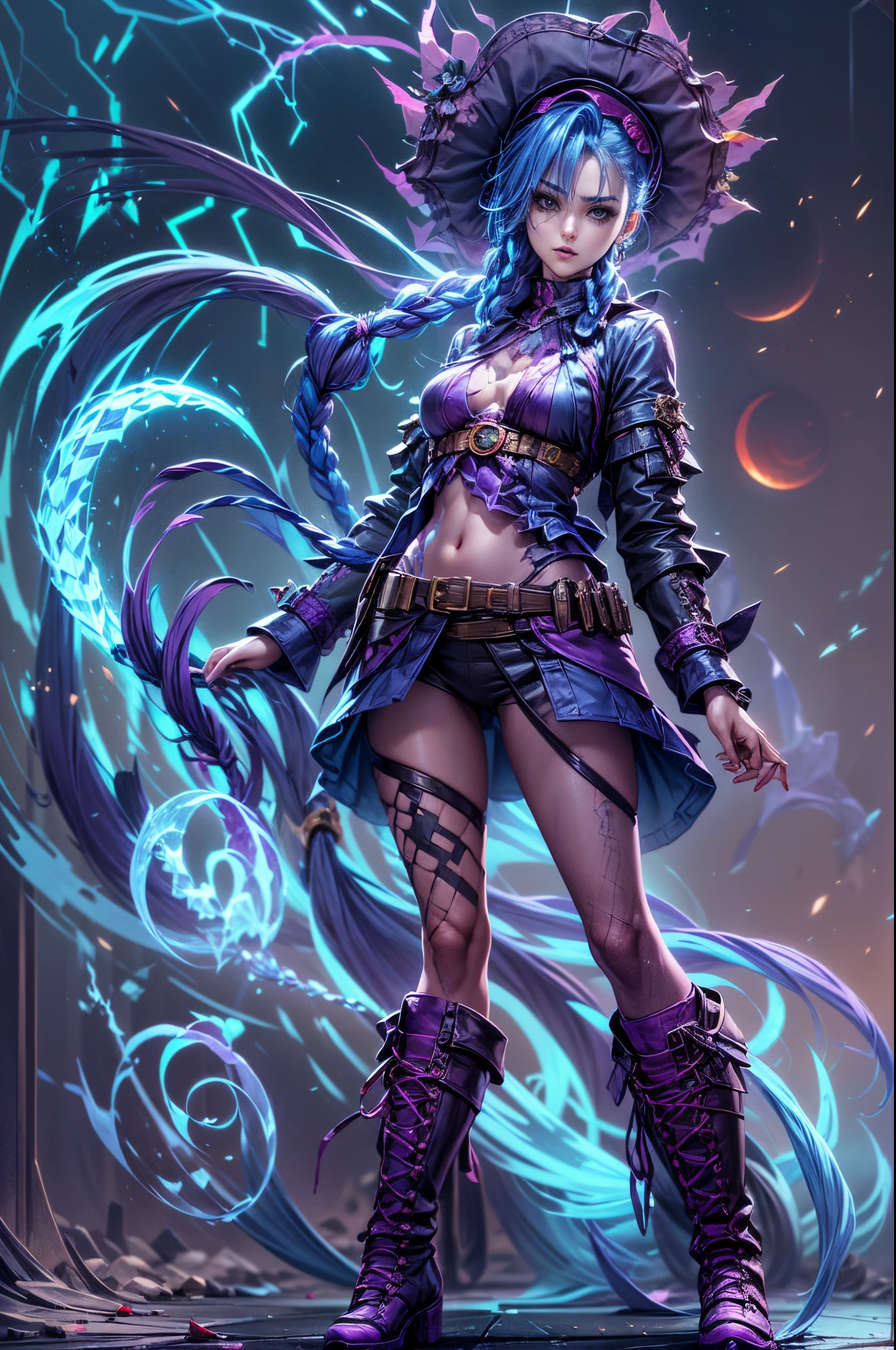 Jinx, (full body shot of，standing on your feet: 1.5)，Minimalist composition，swell sea，((1 girl, Female magician，Exquisite crystal headdress，exquisite crystal armor，Rose tattoo，Blue twist braid，electric blue，kneehigh boots，purpleish color，crystal leggings)), Electroluminescent Wire，Dreamy Glow，(The is very detailed，Reasonable design，Clear lines，High clarity，The best quality，tmasterpiece，8K）, Create a mesmerizing piece of digital art，Depicting a charming woman exuding ethereal beauty under the charming light of the blood moon on Halloween night