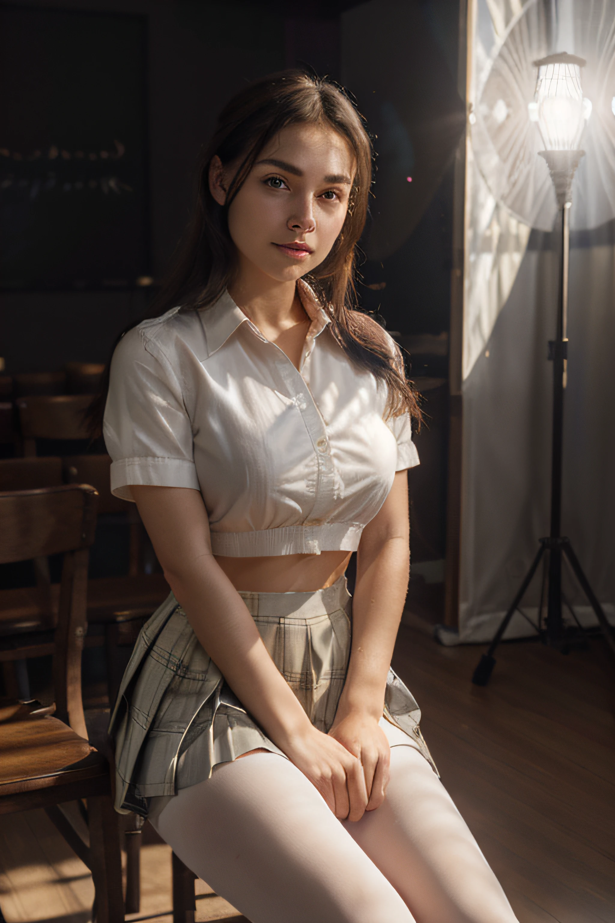ultra realistic 8k cg, picture-perfect face, flawless, clean, masterpiece, professional artwork, famous artwork, perfect face, beautiful face, beautiful eyes, ((perfect female body)), solo,(immersive atmosphere, chiaroscuro:1.5,bright light:1.2,luminous lighting)
,,(blush:0.5),seductive expression,extremely detailed_eyes,thick thighs,large breasts,
beautifully detailed background,depth of field,realistic:1.3, long shot,1girl,shirt,pleated skirt, school uniform, sitting, full body, 
(ambient light:1.3),(cinematic composition:1.3),(neon lights:0.1),(HDR:0.1),Accent Lighting, white pantyhose,