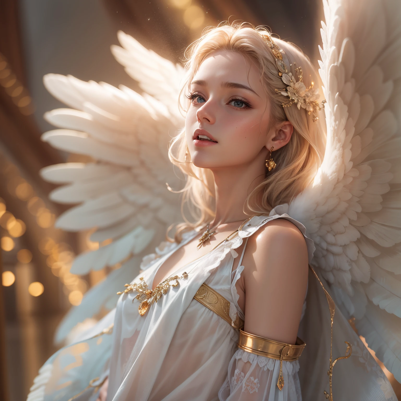 masterpiece, top quality, 8K, real person, realistic, very dense CG, shiny skin, fully focused, heaven, divine glory, radiant, angel, blessing, happiness,