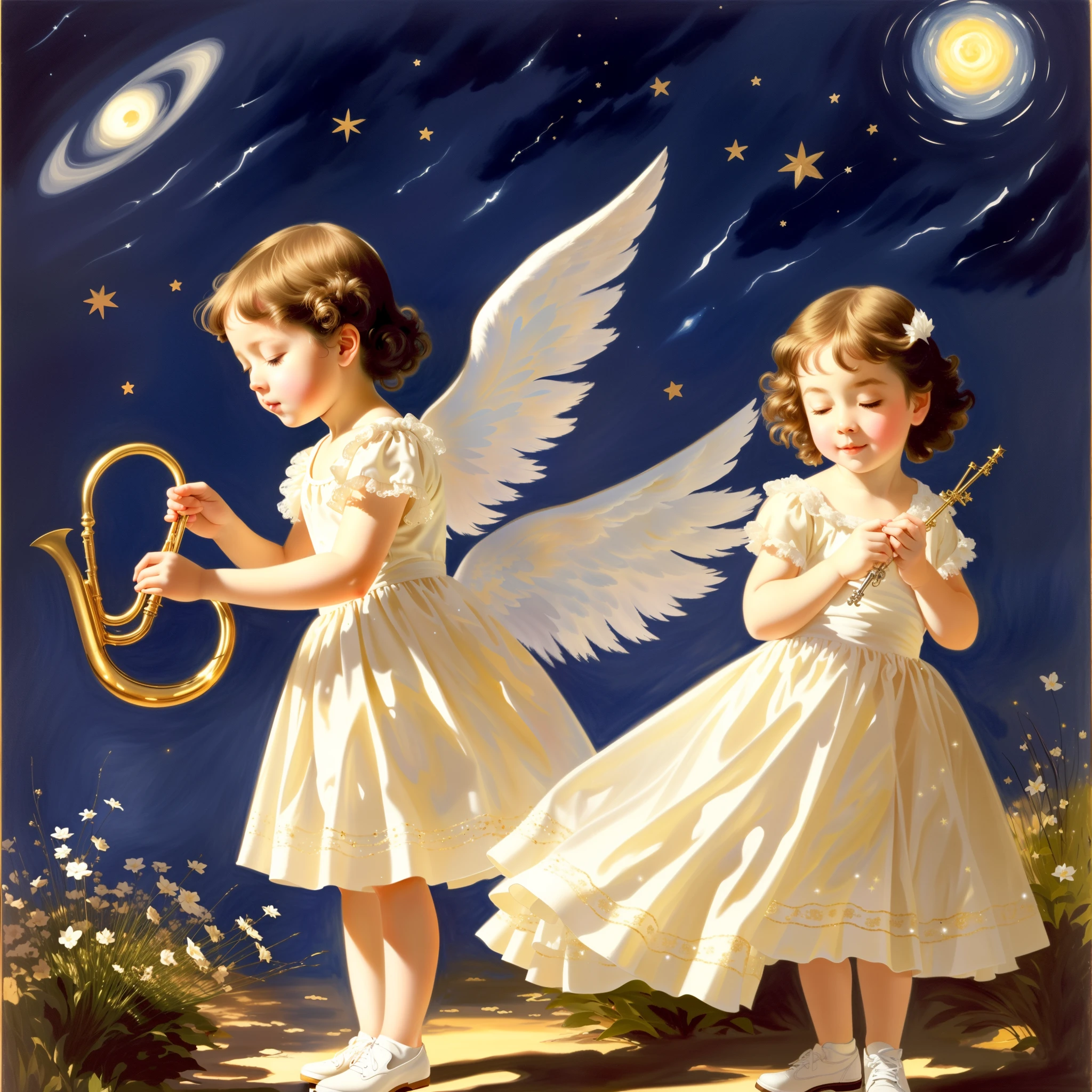 -yead ang very small one,, eyes closed, twinkling in the stars, high quality, thick acrylic illustration, Dolly Key, John Singer Sargent, Trompe Lowy detail, masterpiece, soft lighting, atmospheric lighting, bright morning light, fantastic light and shadow, 8K,