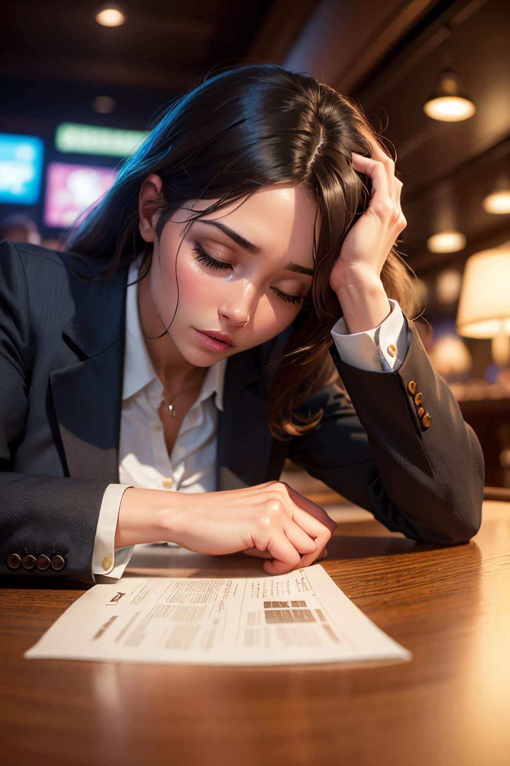 A woman fell asleep face down at a bar table Eyes closed Wearing a suit, nffsw, retinas, masutepiece, ccurate, Anatomically correct, Textured skin, Super Detail, high details, High quality, Best Quality, hight resolution