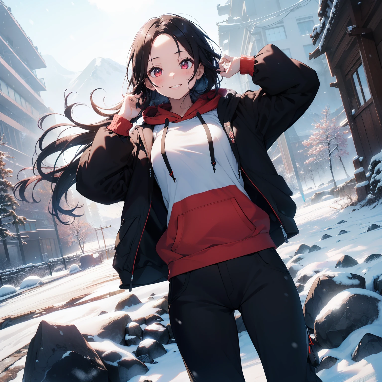 (masutepiece,Best Quality,8K),(extremely detailed CG1.1),s girl,Smile,large boob,(From below:1.2),Intricate details , Hyper realistic, Perfect Anatomy,A dark-haired,Red Eyes,(((Forehead))),Permed hair with wavy hair,(((length hair))),Hair over one eye,hair slicked back,Full body,(((Blue Hoodie,Winter gear.Long black pants))),blush,Happy smile,(((in snow mountain))),Lens Flare,Wind,Magnificent view,(chromatic abberation:1.3),Dynamic Angle,Cowboy Shot,Looking at Viewer,It's snowing,is standing