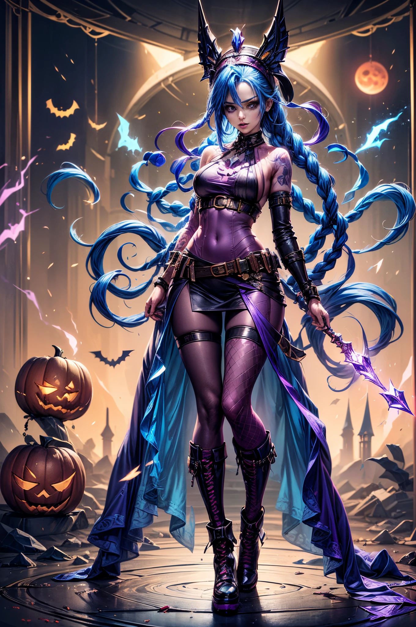 Jinx, (full body shot of，standing on your feet: 1.5)，Minimalist composition，swell sea，((1 girl, Female magician，Exquisite crystal headdress，exquisite crystal armor，Rose tattoo，Blue twist braid，electric blue，kneehigh boots，purpleish color，crystal leggings)), Electroluminescent Wire，Dreamy Glow，(The is very detailed，Reasonable design，Clear lines，High clarity，The best quality，tmasterpiece，8K）, Create a mesmerizing piece of digital art，Depicting a charming woman exuding ethereal beauty under the charming light of the blood moon on Halloween night