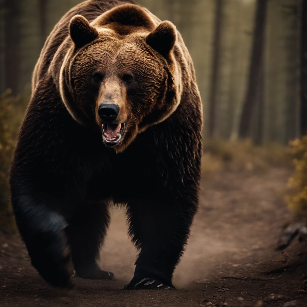 There is a large brown bear walking down a dirt path - SeaArt AI