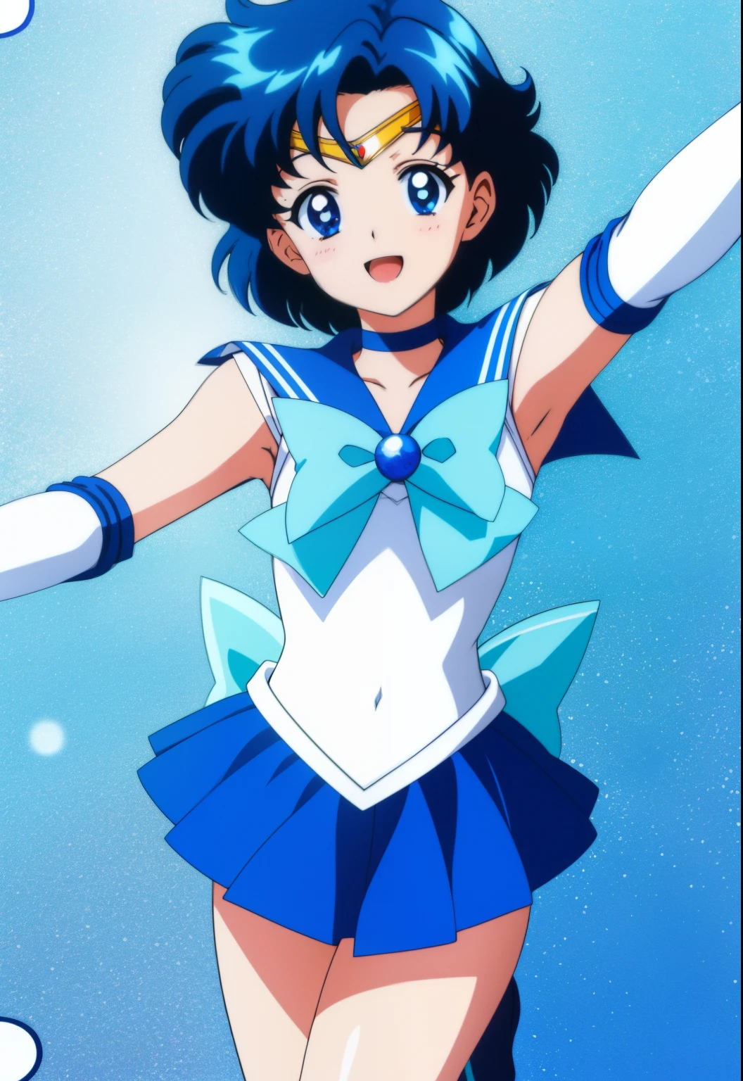 Top Quality Anime Art、​masterpiece、high definition anime art、anime style 4 k、Anime Boy、Junior high school boys、gender change、gender change(Girls to boys)、Sailor Mercury、solo、Sailor Senshi Uniform、Ami Mizuno、Masculinization、Blue choker、rating:safe、Blue-eyed boy、Blue sailor collar、Sky blue bow tie、Very short blue-haired boy、skirt、a blue skirt、blue_theme、white_theme、bow、smile、Magical Boy、white glove、elbowgloves、jewelry、White leotard、highleg leotard、robe blanche、open_mouth、back_bow、Splashes around him、official_style、耳Nipple Ring、Arms outstretched、looking_at_viewer、blush、cowboy_shot、aqua_theme、circlet、blue_background、white_background、a miniskirt、pleatedskirt、Bare shoulders、bare legs、(1990's\(styles\):0.9)、