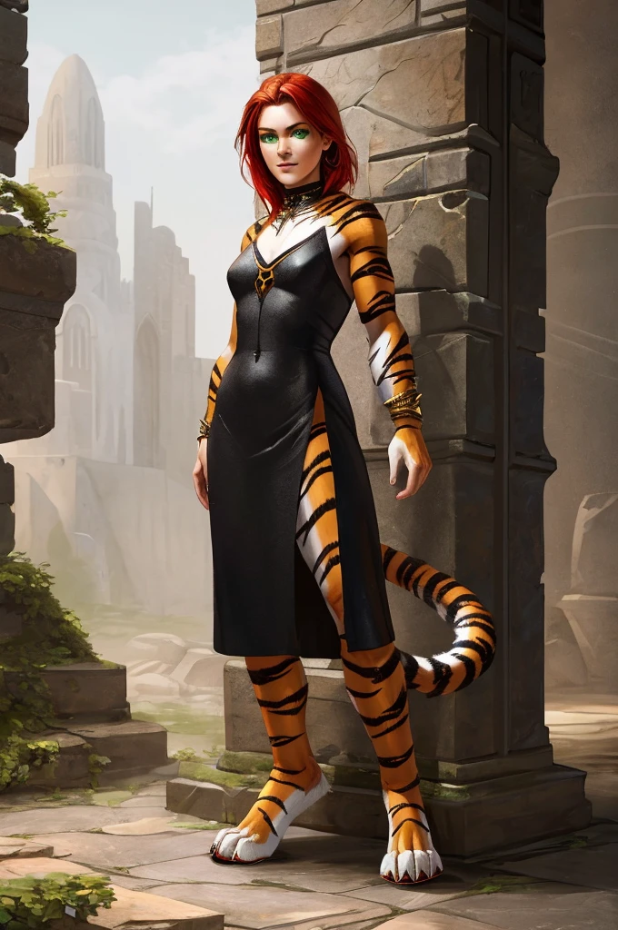 (beautiful Redhead tigerwoman with green eyes)+++, furry, anhtro, (human tiger hybrid)++, (tiger paws)++, digitigrade+++, (black mini dress), (body tigerfur)+++, (fullbody)++, ((humanface))+++, realistic+++,
