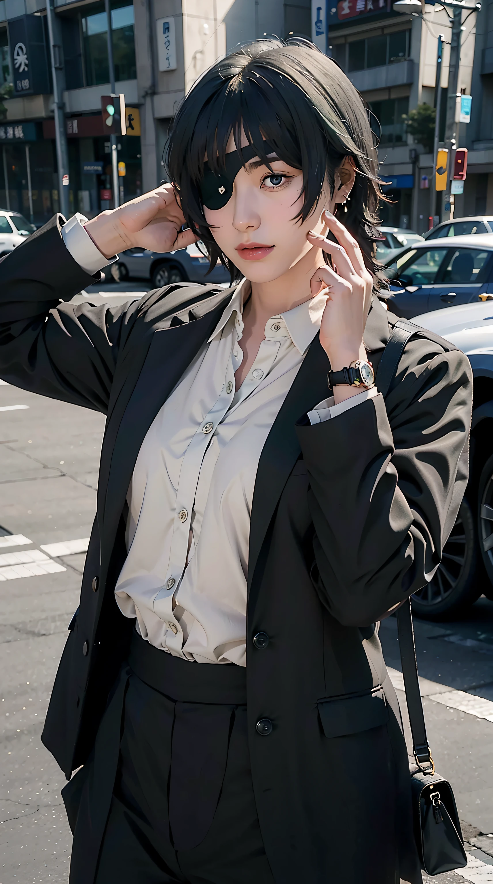 himeno, eyepatch, green hair, blue eyes, medium hair, bangs,
black eyes, beautiful, beautiful woman, perfect body, perfect breasts, wearing a white formal shirt, black blazer, trousers, handbag, wearing a watch, wearing earrings, in public, being in Tokyo city, being on the street, looking at the viewer, slight smile, realism, masterpiece, textured skin, super detail, high detail, high quality, best quality, 1080p, 16k