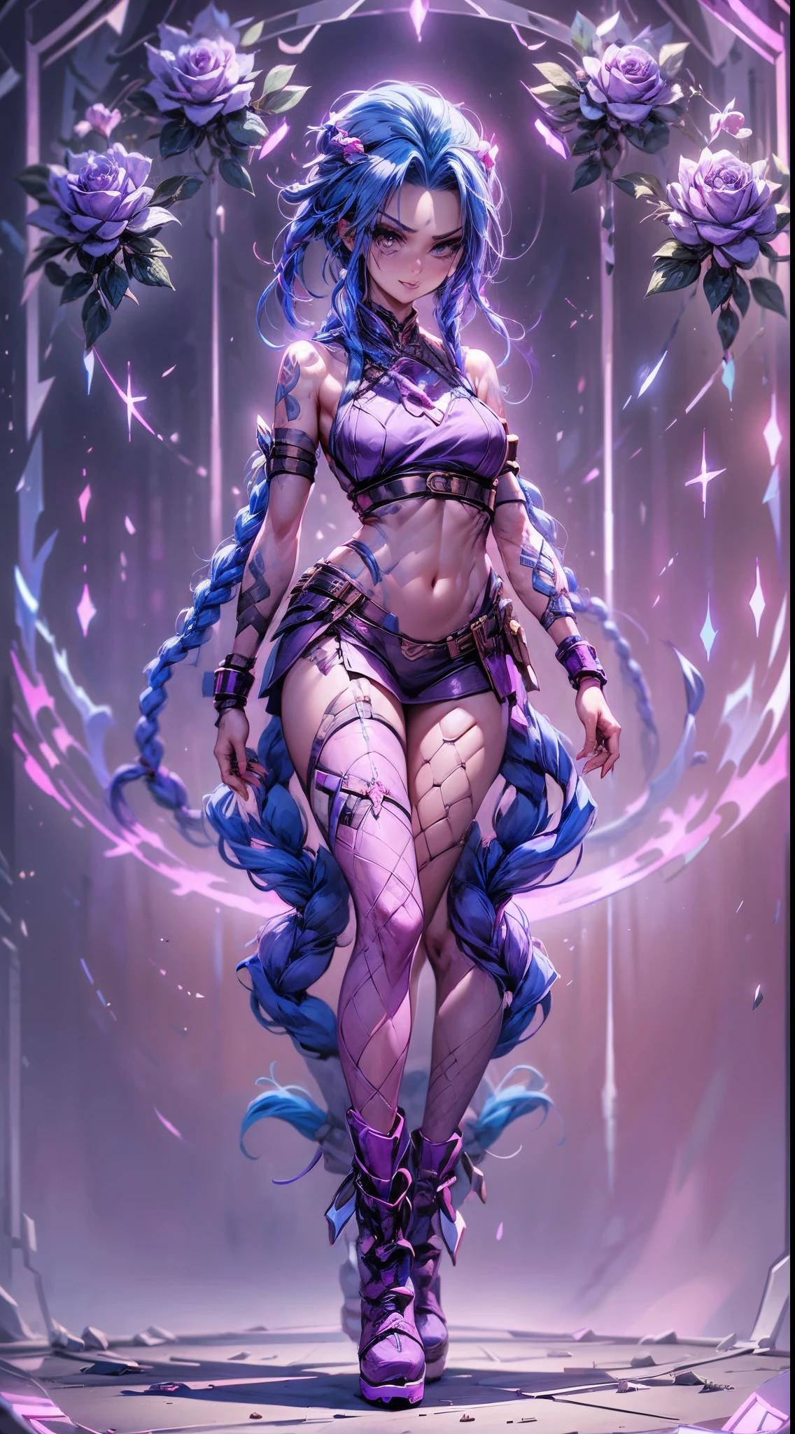 (Full body photo:1.4), space art, 1 cheongsam for women，full bodyesbian, stand posture，Transparent robotic arm，long slim figure，Rose tattoo，Blue twist braid，Crystal boots，purpleish color，Clear leggings, proporções perfeitas，Delicate hair accessories, ssmile，Transparent mechanical shoes, Oriental elements, ( bokeh)，high qulity，4K，3D, jinx