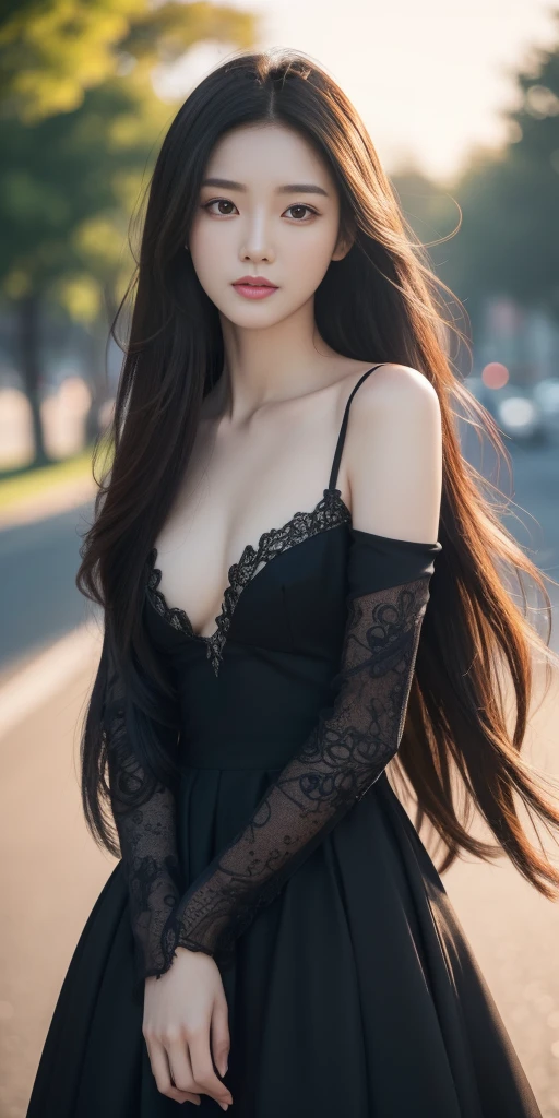 masterpiece, best quality, unity 8k wallpaper, ultra highres, high resolution, professional, ultra realistic, photorealistic, raw photo, insanely detailed, 4K, 8K, 16K, 64K, portrait view, closeup,1girl, solo, smile, elegant, beautiful, aesthetic, attractive, romanticism, beauty, like a k-pop idol, beautiful detailed face, small face, beautiful detailed eyes, (brown eyes), cat eyes, pale skin, beautiful detailed skin, detailed texture, sheer-black long hair, (hair blowing in the wind), ((detailed long hair)), soft curves, enchanting elegance, luminous radiance, elegant attire, captivating grace, irresistibly tempting, understated appeal, striking juxtapositions, evocative hues, vivid illumination, creative refinement, striking juxtapositions, evocative hues, captivating coloration, dramatic lighting, random highly detailed backgrounds, depth of field, black dress