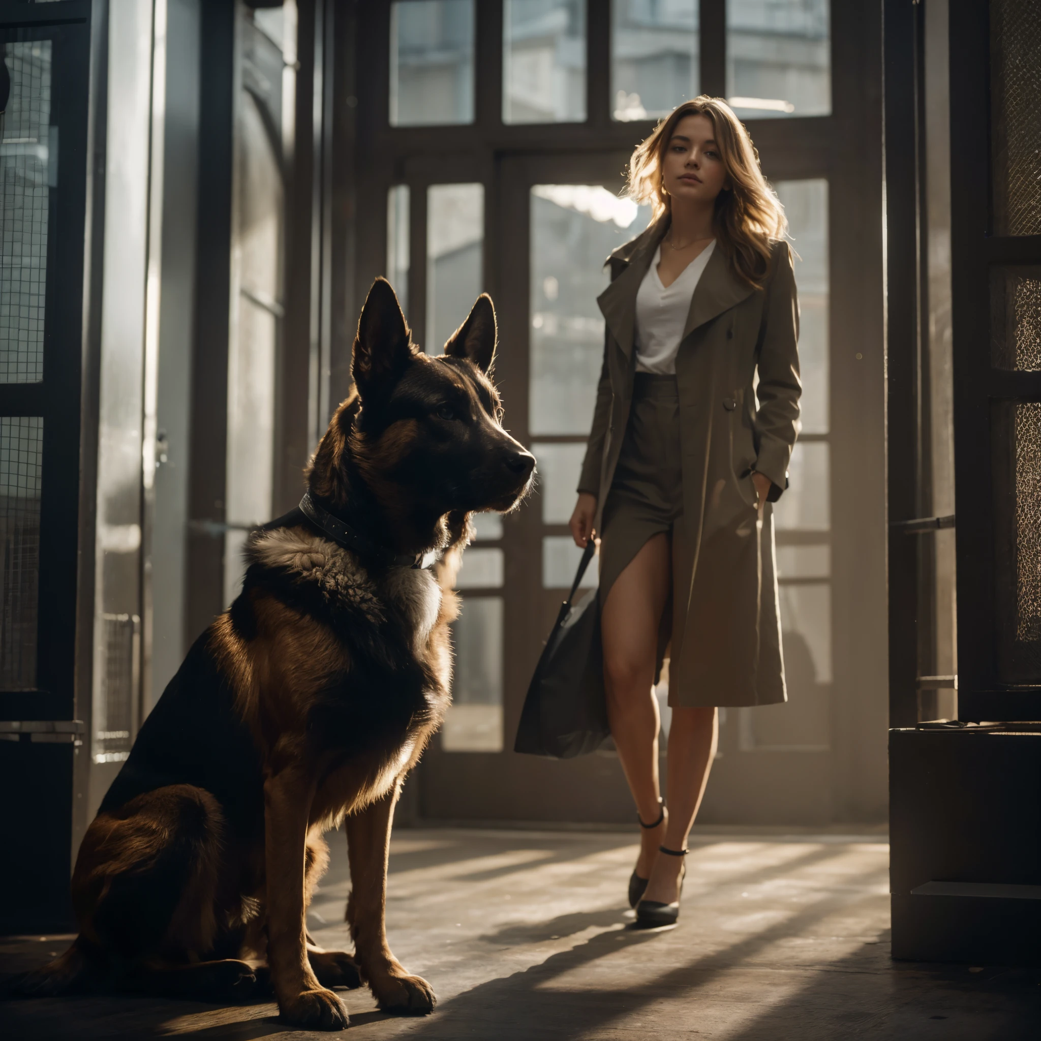 Poster, Professional photo of beautiful girl with dog, blonde hair, makeup, strict suit, (Doberman), full body, slim, standing in front of marble room, super realistic photo, ultra detail, unreal enji,soft light, 80k ,perfecteyes,perfect,photorealistic