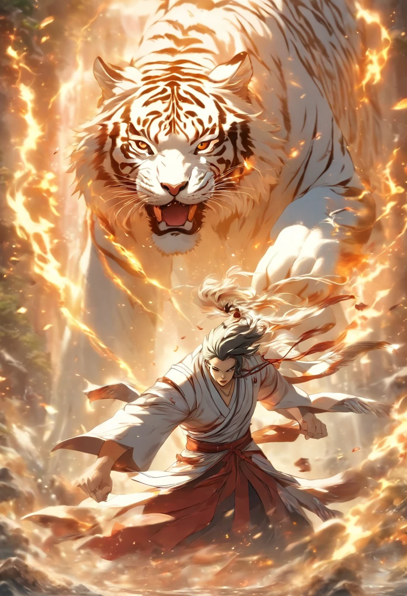 (tmasterpiece), (Best quality at best), Cinematic quality,Rendered by Octane,Ultra-detailed details,1 boy,Cool action,Wearing ancient Chinese Hanfu,(Ancient Chinese Formation:1.2),Energy surrounds,voldemort,light particle fluid,Fairy air fluttering,Luminous magic circle,Summon ancient beasts,(Behind him is a huge white tiger:1.3),