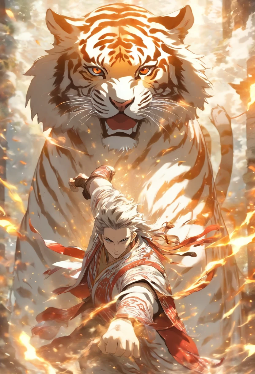 (tmasterpiece), (Best quality at best), Cinematic quality，Rendered by Octane，Ultra-detailed details，1 boy,Cool action，Wearing ancient Chinese Hanfu，(Ancient Chinese Formation:1.2),Energy surrounds，voldemort，light particle fluid，Fairy air fluttering，Luminous magic circle，Summon ancient beasts，(Behind him is a huge white tiger:1.3)，