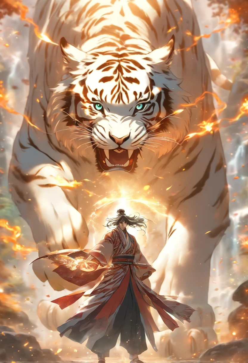 (tmasterpiece), (Best quality at best), Cinematic quality，Rendered by Octane，Ultra-detailed details，1 boy,Cool action，Wearing ancient Chinese Hanfu，(Ancient Chinese Formation:1.2),Energy surrounds，voldemort，light particle fluid，Fairy air fluttering，Luminous magic circle，Summon ancient beasts，(Behind him is a huge white tiger:1.3)，