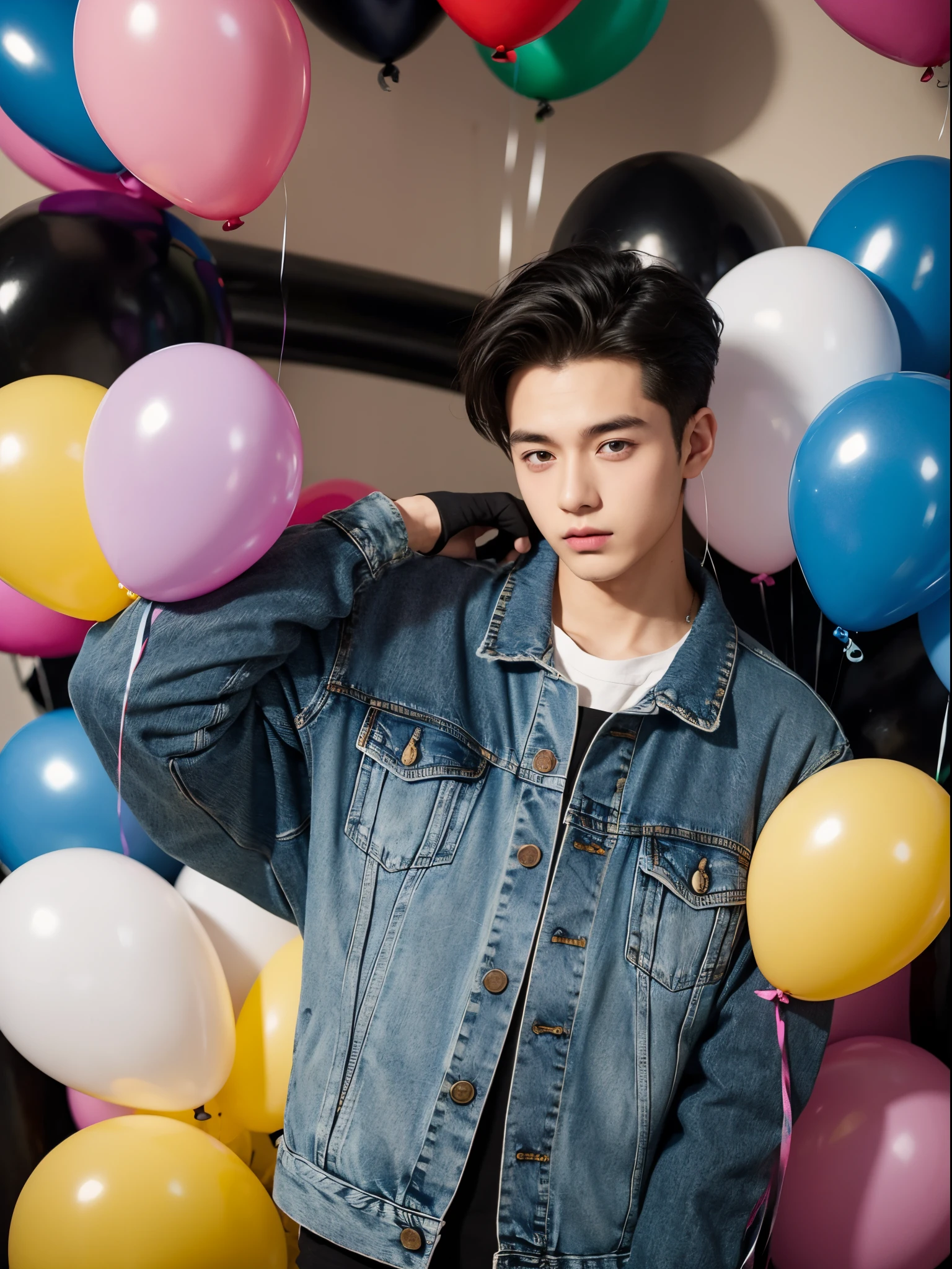 male, 20 year old boy, black eyes, slick back, denim jacket, half body photo, head facing the camera, colorful balloons in the background, street