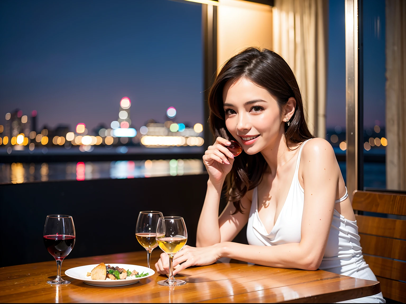 (64K, UHD, top quality, masterpiece: 1.2), (realistic, photorealistic: 1.37), super detailed, pretty woman 1 person, (slim face), (slim body), (brown hair), (short cut), cheeks slightly blushing, (35 years old), 38 years old, solo, beautiful detailed urban night view outside the window, restaurant, wine glasses sit, at night, in a prominent place (from the waist up) NovaFrogStyle, Actress, Model, Waist Up, White Wine, Slim, Wine Glass, Super Clean Night View, Wine Glass Put in the Middle, Happy Smile, (Smile: 1.15), Beautiful Fine Eyes, Upper Body, Bust Japan Up, Night, Short, Short, Actress, Model, Waist Up, White Wine, Slim, Wine Glass, Super Clean Night View, Wine Glass Put in the Middle, Happy Smile,