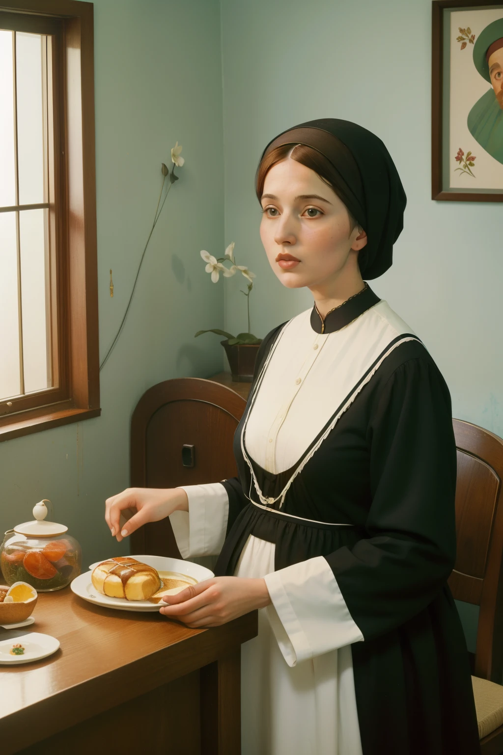 1997, Ohio countryside. Pre-raphaelite scene with an orthodox jewish 65-year-old lady, making breakfast, homely, ample view of the whole room, ((mdern and dull, black and white orthodox clothing)), ((Wes Anderson cinematic style)), colorful