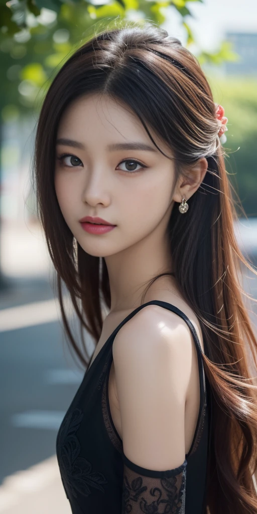 masterpiece, best quality, unity 8k wallpaper, ultra highres, high resolution, professional, ultra realistic, photorealistic, raw photo, insanely detailed, 4K, 8K, 16K, 64K, portrait view, closeup,1girl, solo, smile, elegant, beautiful, aesthetic, attractive, romanticism, beauty, like a k-pop idol, beautiful detailed face, small face, beautiful detailed eyes, (brown eyes), cat eyes, pale skin, beautiful detailed skin, detailed texture, sheer-black long hair, (hair blowing in the wind), ((detailed long hair)), soft curves, enchanting elegance, luminous radiance, elegant attire, captivating grace, irresistibly tempting, understated appeal, striking juxtapositions, evocative hues, vivid illumination, creative refinement, striking juxtapositions, evocative hues, captivating coloration, dramatic lighting, random highly detailed backgrounds, depth of field, black dress