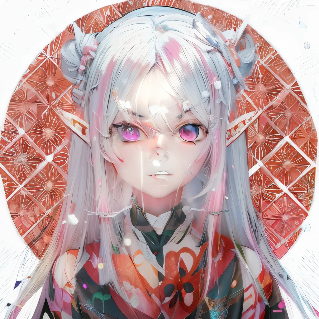 anime girl with long white hair and pink eyes with a parted in the middle, angry eyebrows, white haired deity, stunning anime face portrait, onmyoji portrait, beautiful anime portrait, anime style portrait, digital anime art, zerochan art, anime style illustration, anime styled digital art, beautiful anime artwork, anime portrait, anime illustration, digital art on pixiv, digital anime illustration