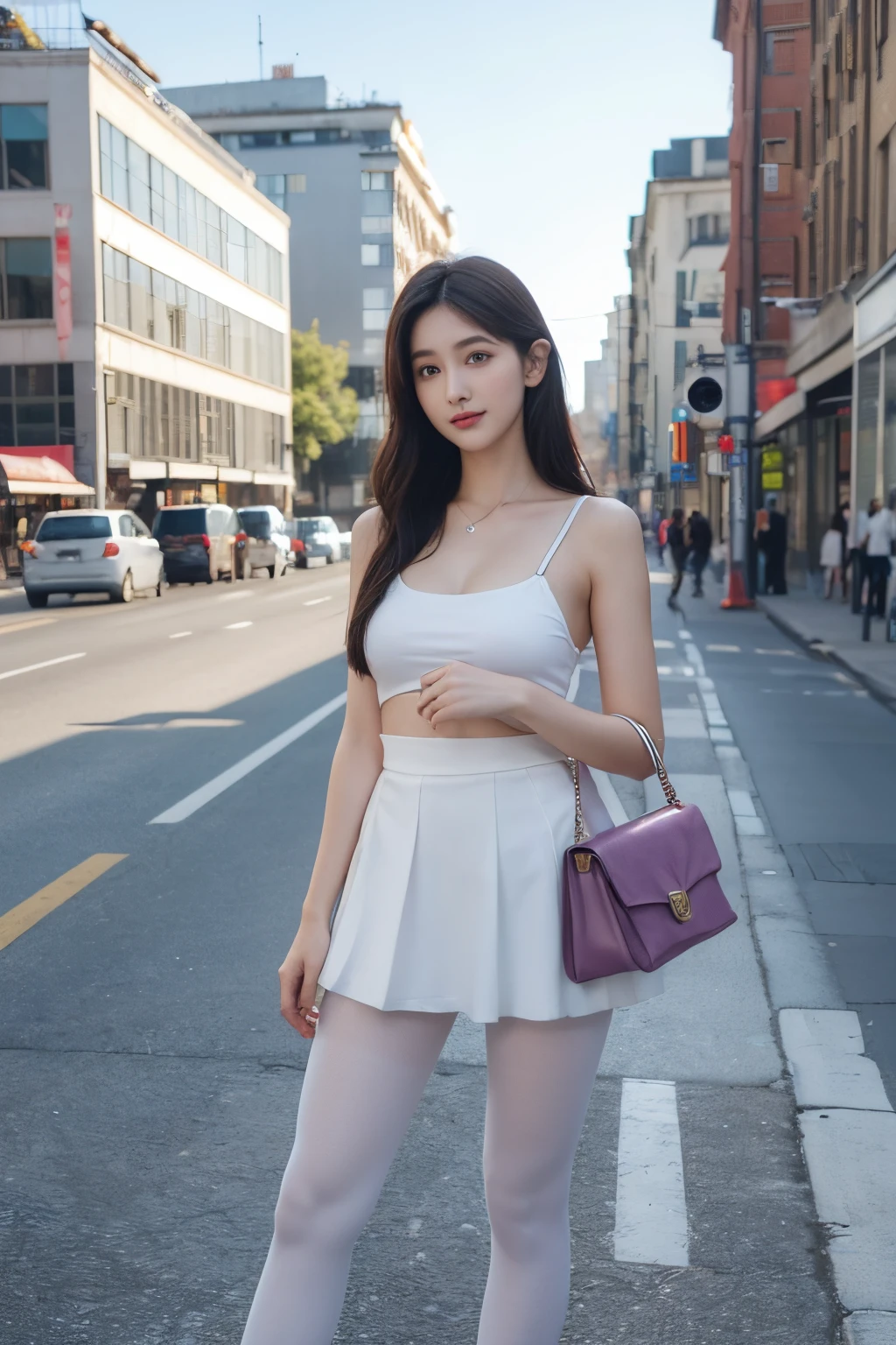 ((pure beauty:0.8,ssmile,[white colors:1.2+Details:1.1+Textured tights:1.2]), (lightand shade contrast:1.1+cel shadow:1.1+high textured:1.1), (((High level of image quality:1.2)+(A high resolution:1.1)+(hyper HD:1.3)),1个Giant Breast Girl)，FULL-BODY ESBIAN，tall nose bridge，Lateral face，plum，on the street corner