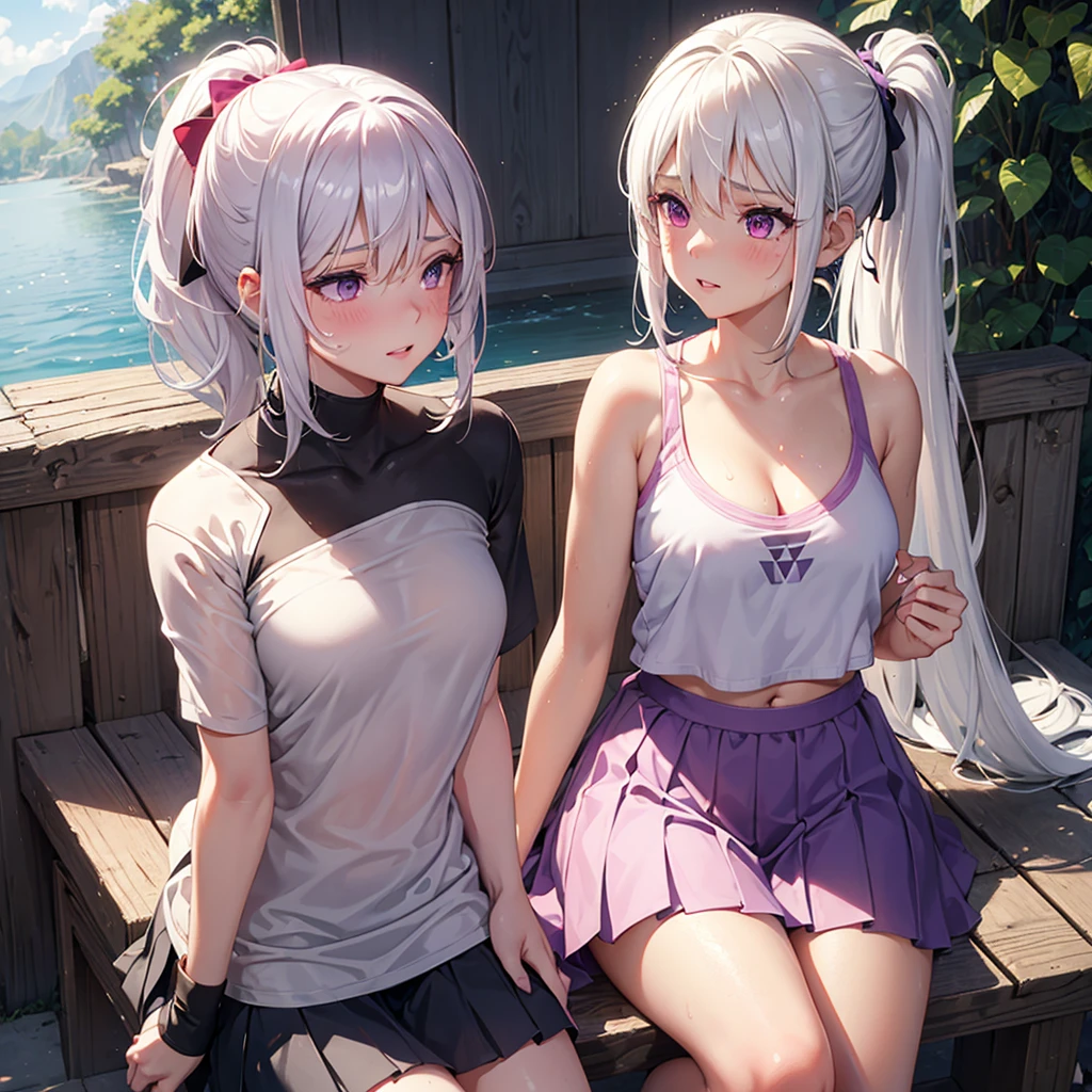 realistic, 1girl, ponytail, parted lips, blush, makeup, light smile, white hair, sportswear, skirt, wet clothes, glow, thighs, purple eye, bare shoulders, collarbone, narrow waist, sunbeam, sunlight, rose, wind, cleavage, (masterpiece), sweat, one  girl, detailed hands, sitting