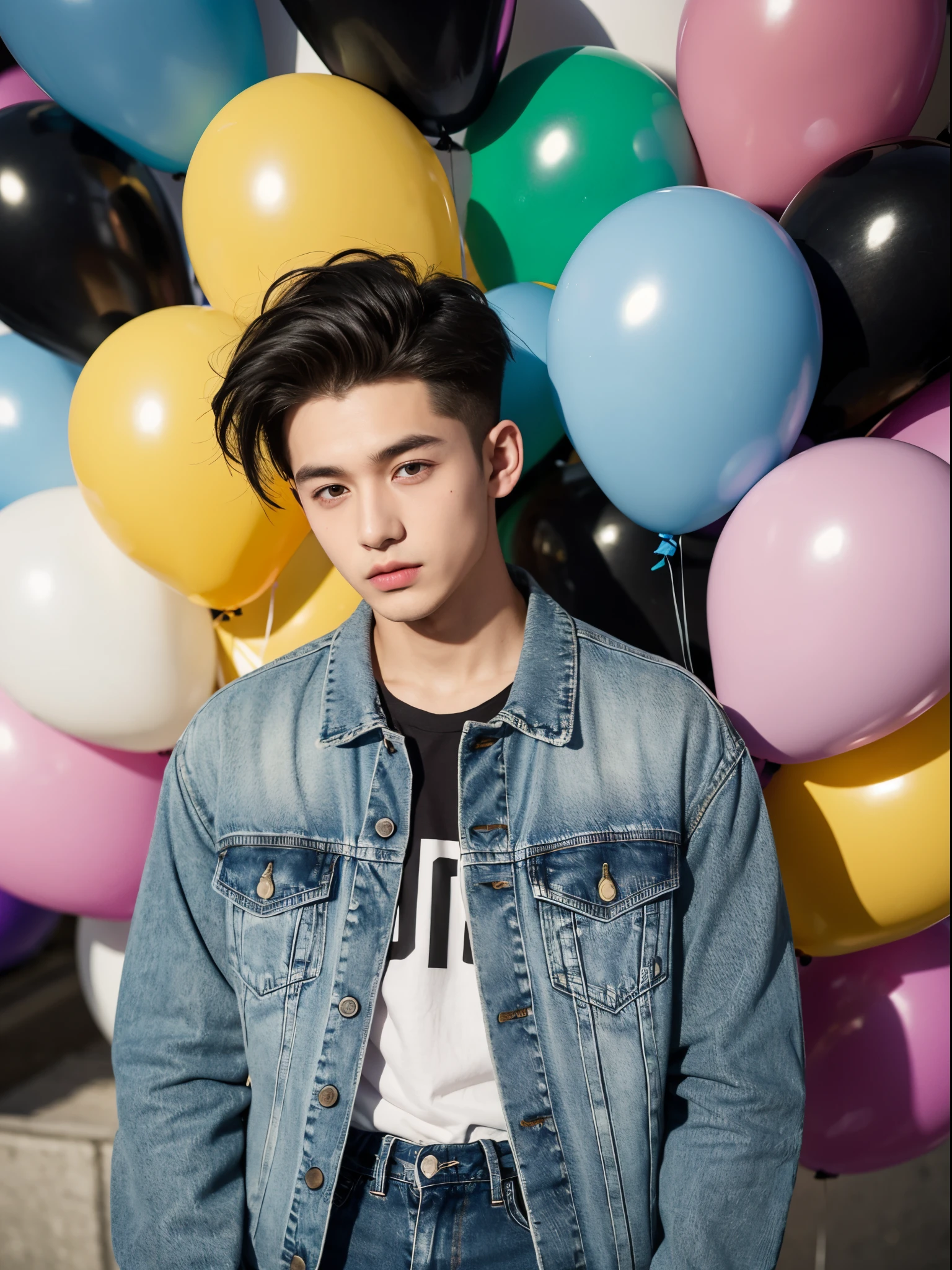 male, 20 year old boy, black eyes, slick back, denim jacket, half body photo, head facing the camera, colorful balloons in the background, street