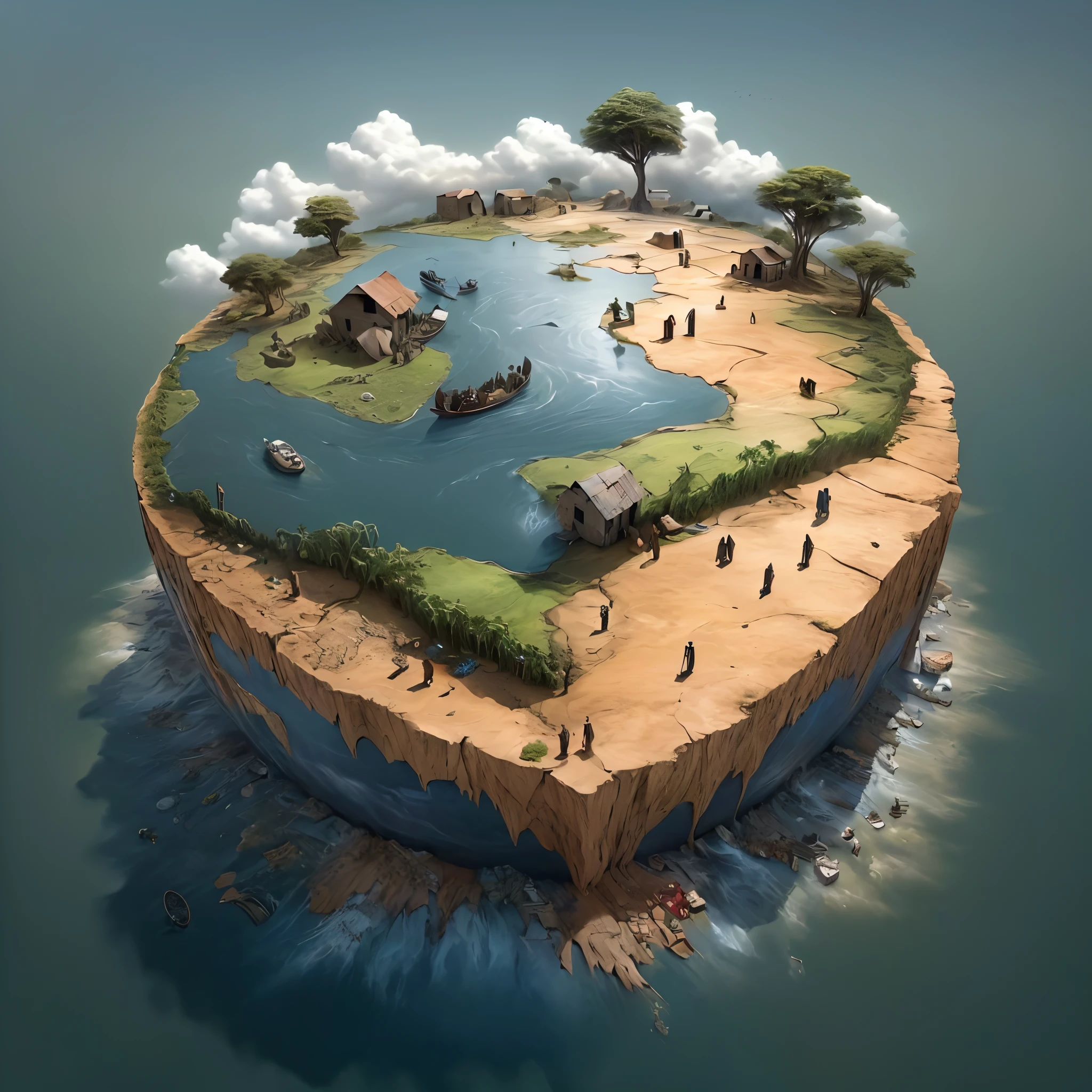There is a small island where many people live, a beautiful artwork illustration, 3 d epic illustrations, Floating Island, Jesper Essing, beautiful digital works of art, very detailed illustration, Beautiful detailed illustration, Beautiful illustration, Surreal digital artwork, very detailed illustration, beautiful 3 d concept art, Floating World, surreal illustration, amazing depth